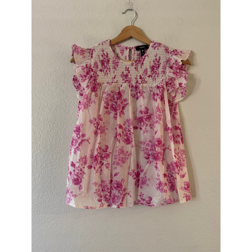 AQUA Floral Smocked Ruffle Cap Sleeve Cotton Blouse XS Pink White Excellent